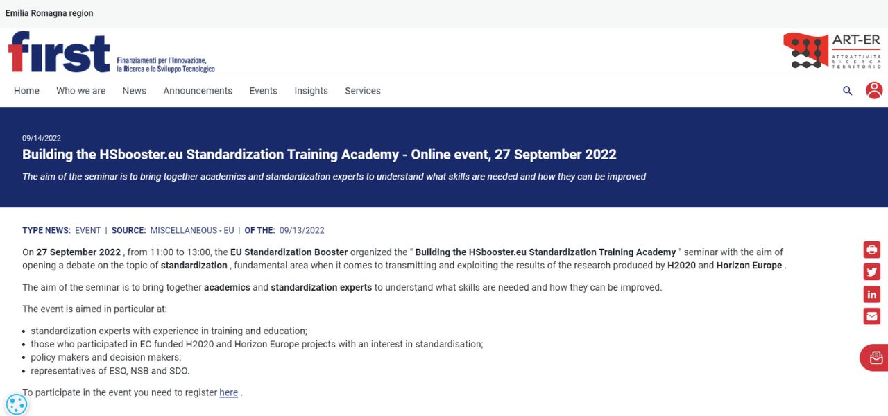 Building the HSbooster.eu Standardisation Training Academy - Evento online, 27 settembre 2022